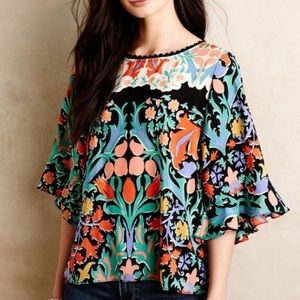 Anthropologie Maeve Silk Flutter Sleeves Folk Art Print Blouse